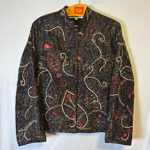 Anage Too XL Black Embroidered Jacket Beaded Floral Indian Art Quilted Button Up